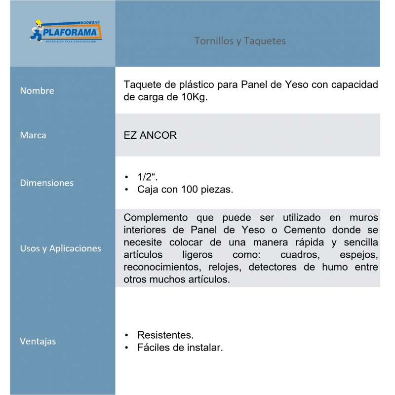 TAQUETE EZ-ANCOR PLASTIC. 1/2"...