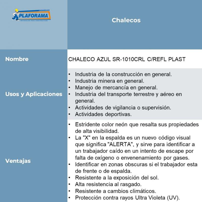 CHALECO AZUL SR-1010CRL C/REFL PLAST