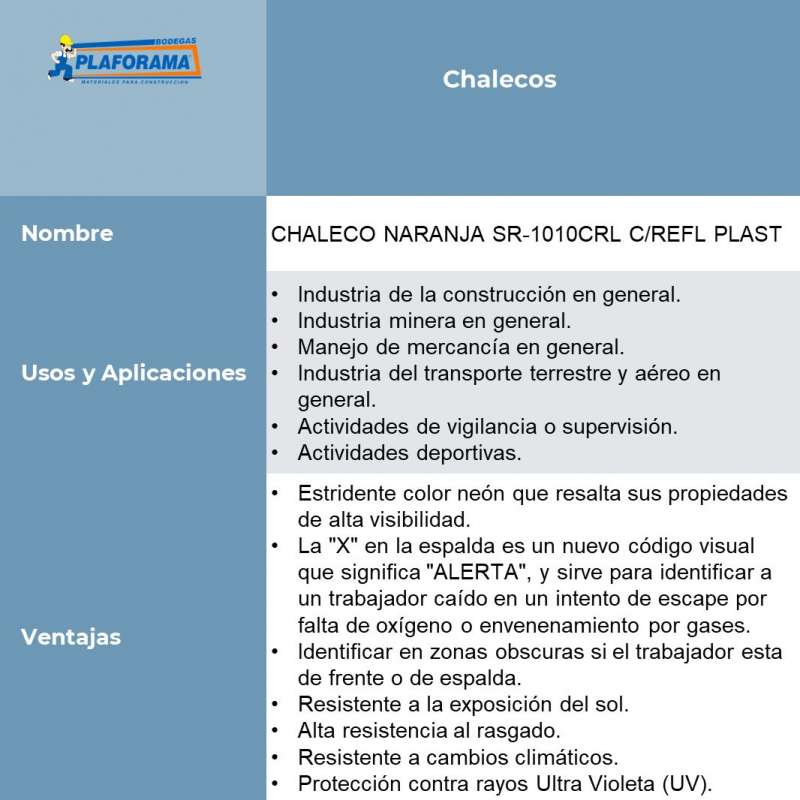 CHALECO NARANJA SR-1010CRL C/REFL PLAST