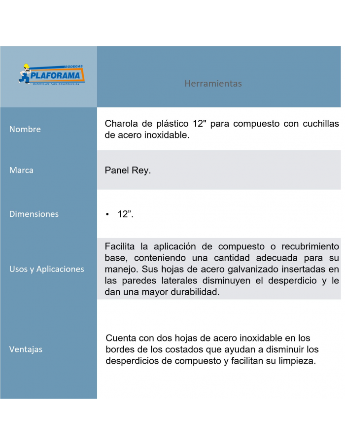 Charola Panel Rey 506458 Plastico 12"...