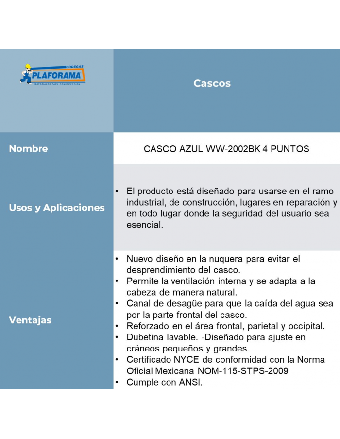 Casco de seguridad Azul "E" WW-2002BK...