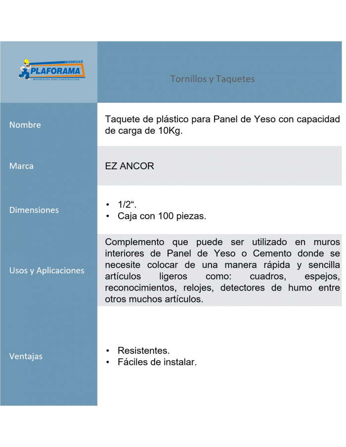 TAQUETE EZ-ANCOR PLASTIC. 1/2"...