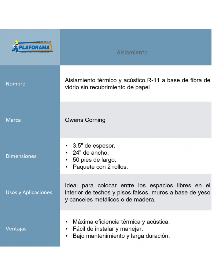 AISLAMIENTO R-11 DE 3.5" (S/PAPEL)...