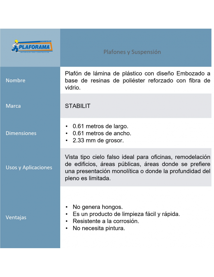 Plafón embozado Stabilit bl 0.61 x...