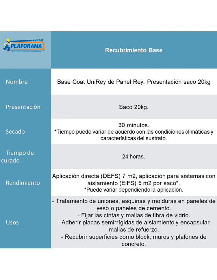 Base Coat UniRey de Panel Rey Saco 20kg Base Coat UniRey de Panel Rey Saco 20kg