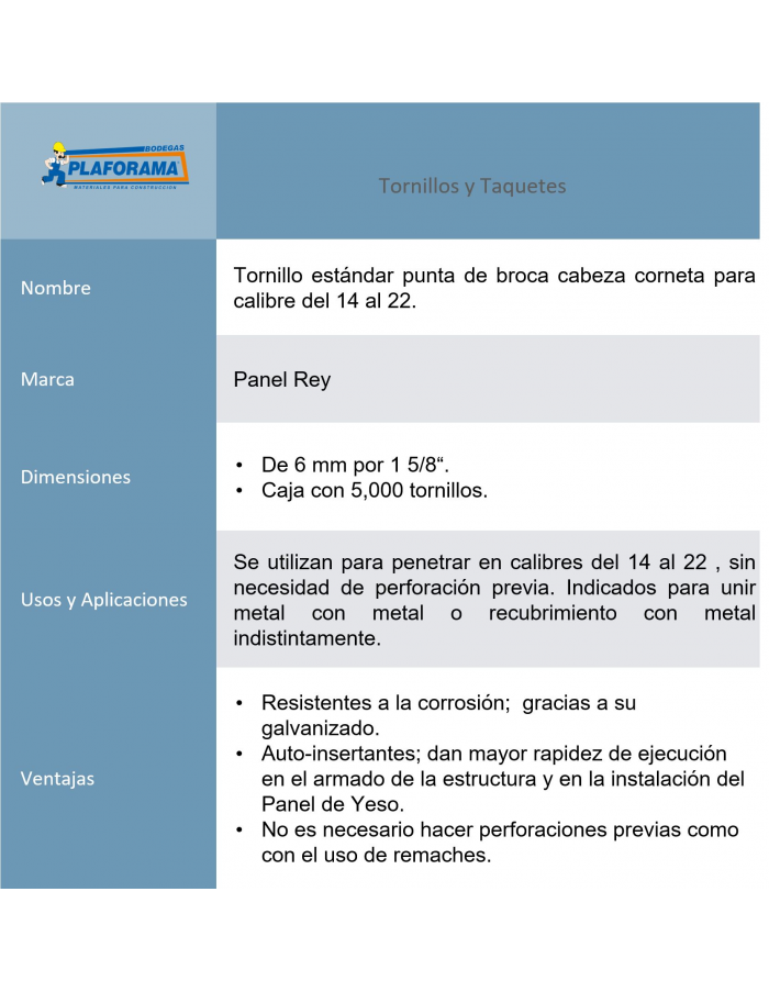 Tornillo Panel Rey 500240 Std Corneta...