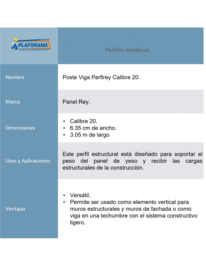 Poste viga Perfirey Cal. 20 medidas...